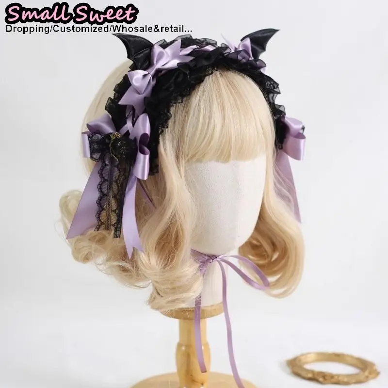 Lolita Devil's ears Headband Gothic Hair Hoop Y2K Girls Ruffled Cosplay Hair Band Hair Accessories Bow Ribbon Headdress Headwear