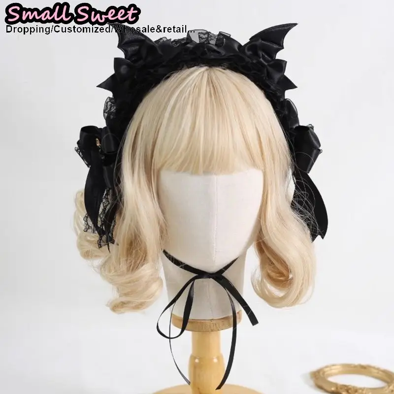 Lolita Devil's ears Headband Gothic Hair Hoop Y2K Girls Ruffled Cosplay Hair Band Hair Accessories Bow Ribbon Headdress Headwear