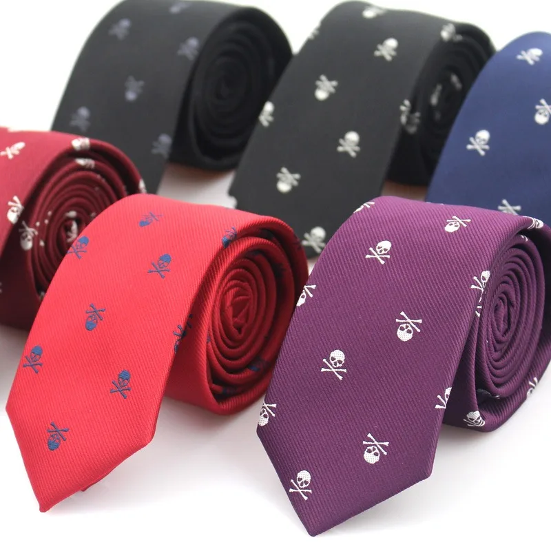 6cm Mens Black Slim Skull Ties for Women Classic Skinny Neckties Male Polyester Fake Collar Neck Tie Halloween Party Accessories