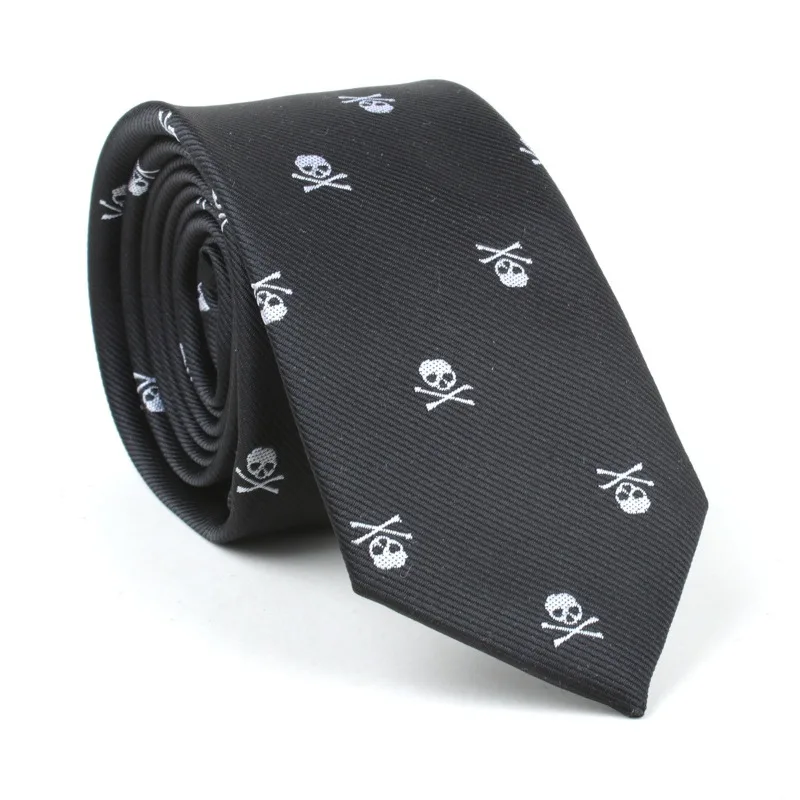6cm Mens Black Slim Skull Ties for Women Classic Skinny Neckties Male Polyester Fake Collar Neck Tie Halloween Party Accessories