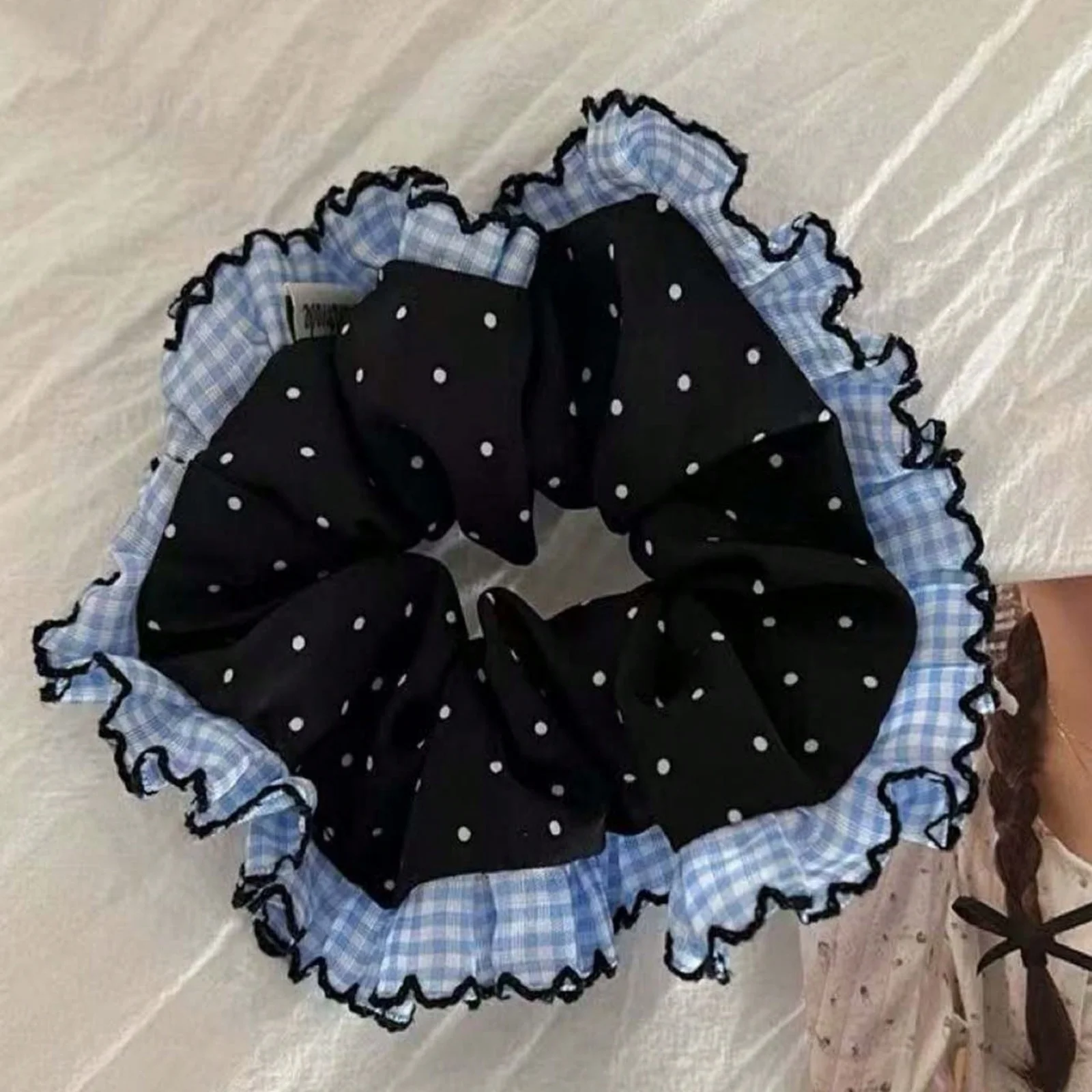 1PC Artistic-Style Blue Plaid & Polka Dot Lace Hair Scrunchie, Black Polka Dot Hair Scrunchie/Hair Tie/Hair Elastic for Top Knot