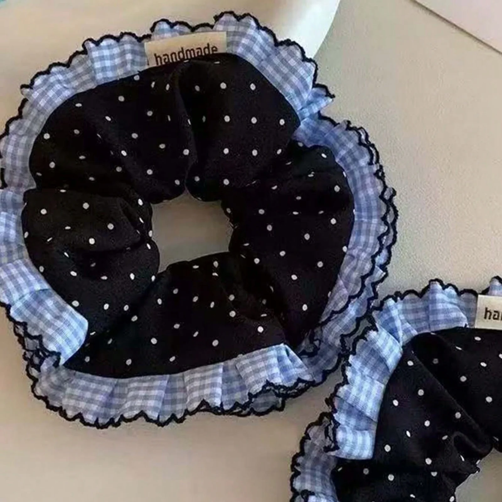 1PC Artistic-Style Blue Plaid & Polka Dot Lace Hair Scrunchie, Black Polka Dot Hair Scrunchie/Hair Tie/Hair Elastic for Top Knot