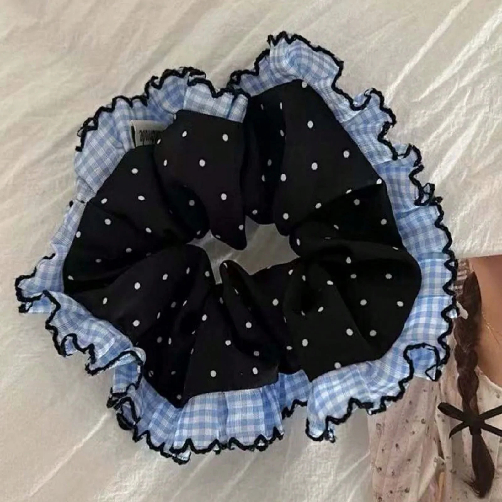 1PC Artistic-Style Blue Plaid & Polka Dot Lace Hair Scrunchie, Black Polka Dot Hair Scrunchie/Hair Tie/Hair Elastic for Top Knot