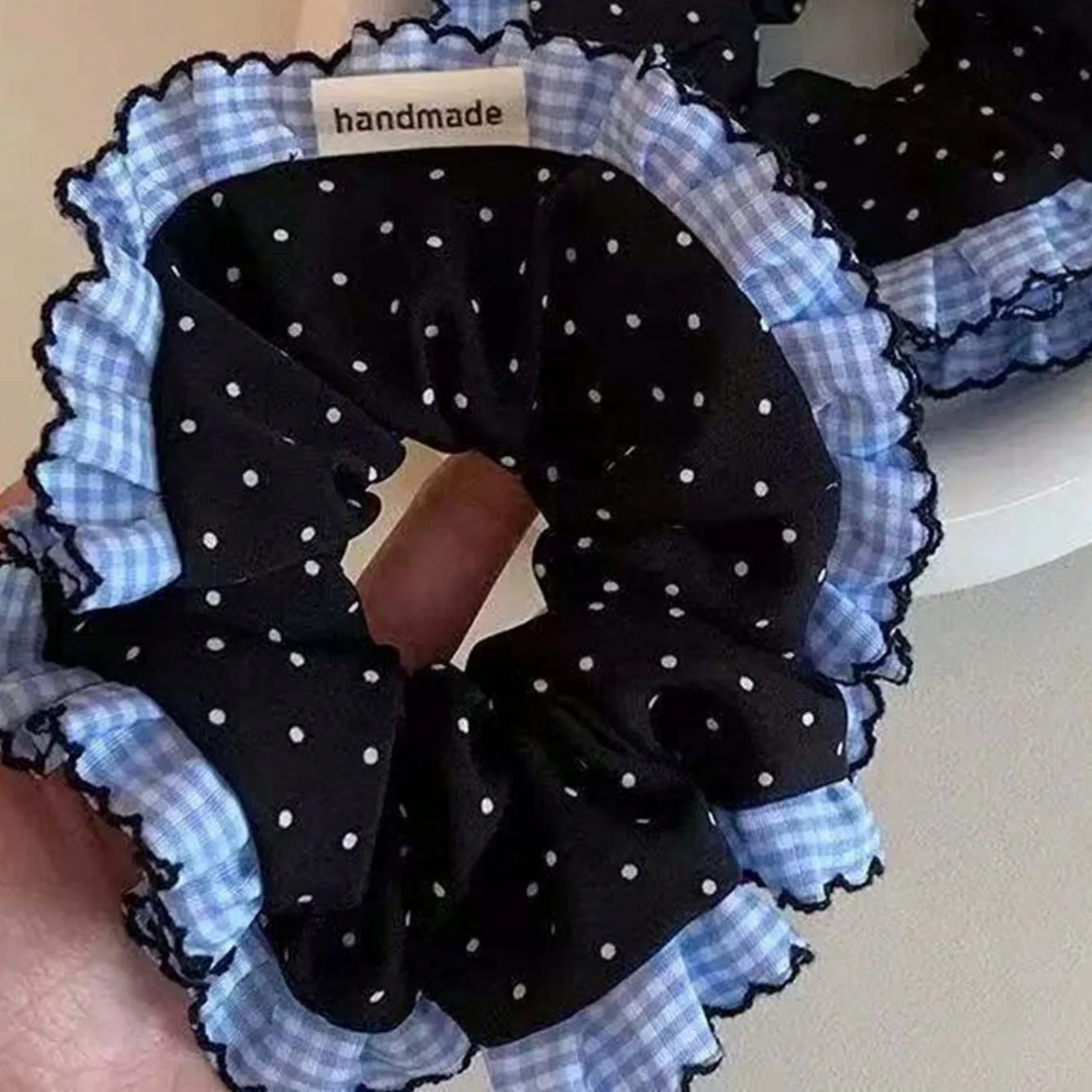 1PC Artistic-Style Blue Plaid & Polka Dot Lace Hair Scrunchie, Black Polka Dot Hair Scrunchie/Hair Tie/Hair Elastic for Top Knot