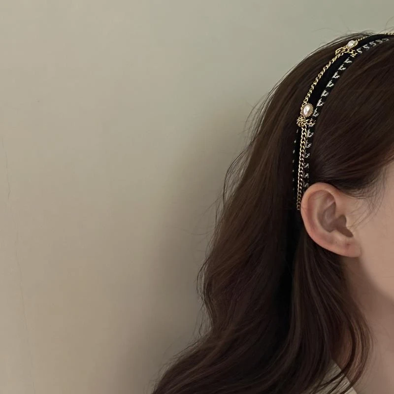 French thousand bird grid pearl chain headband, high-end exquisite retro design hairpin