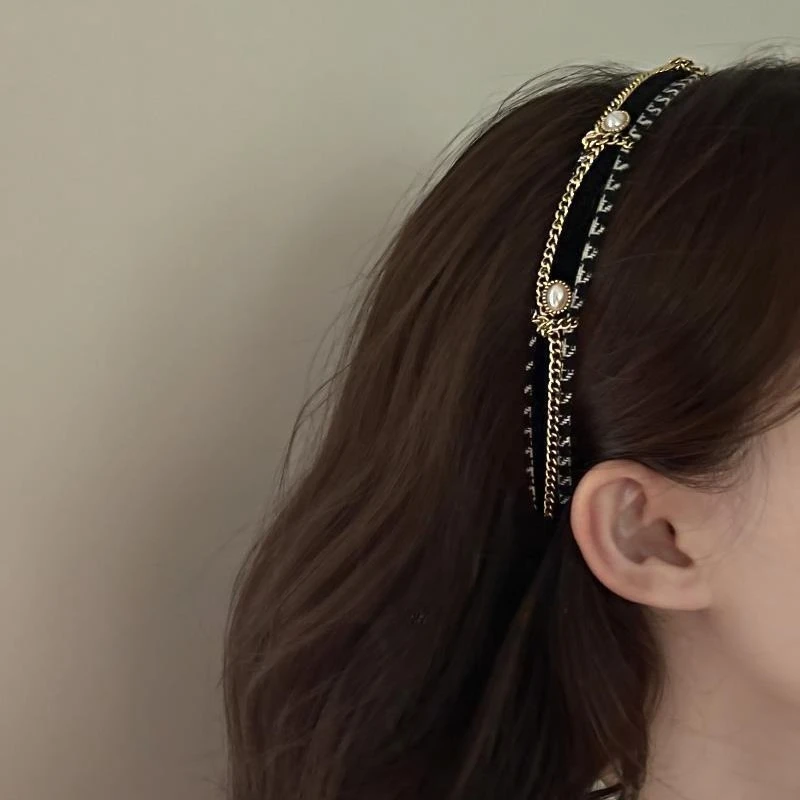 French thousand bird grid pearl chain headband, high-end exquisite retro design hairpin