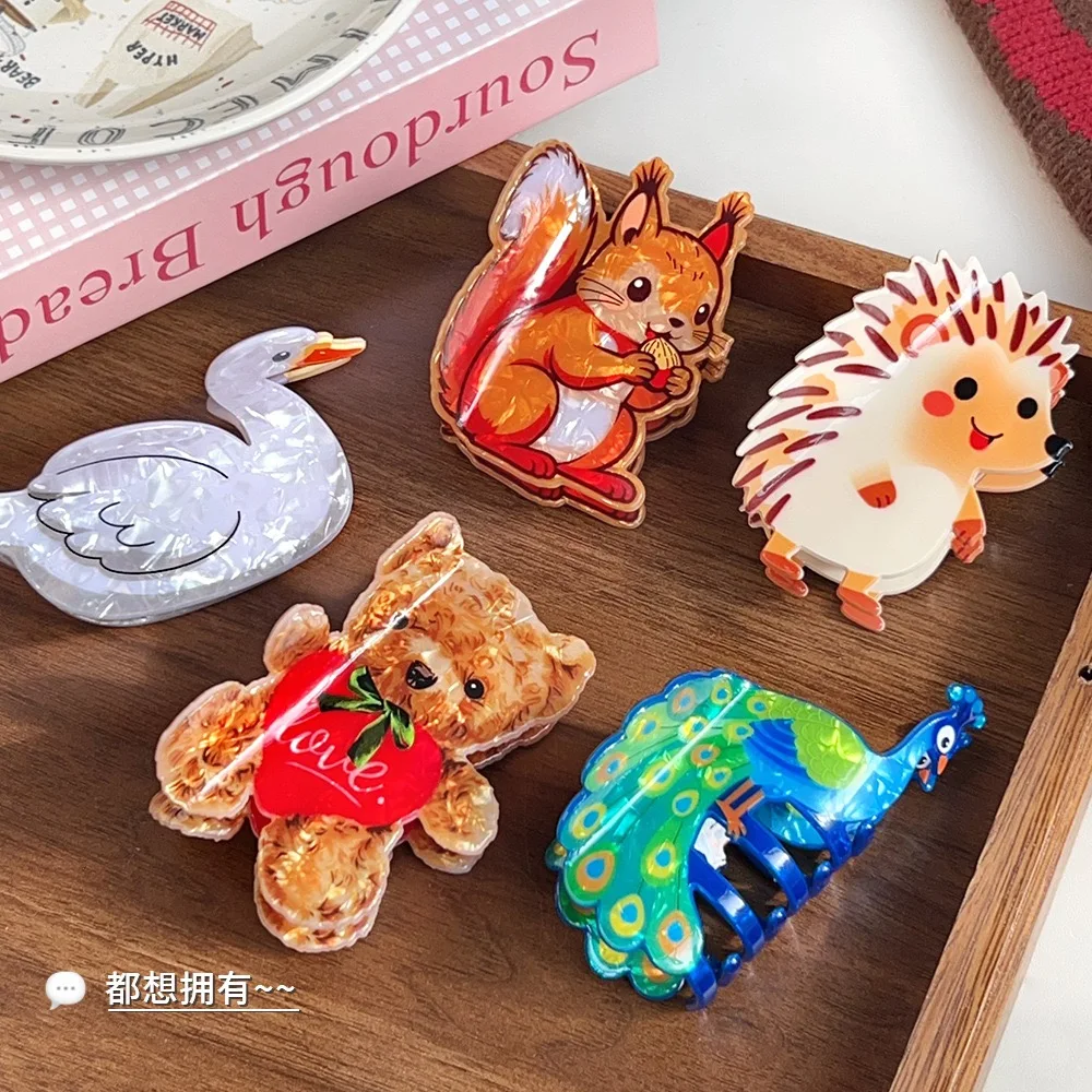 1pc cute animal hair clip bear peacock cartoon squirrel hairpin back of head bun hedgehog shark hair accessory