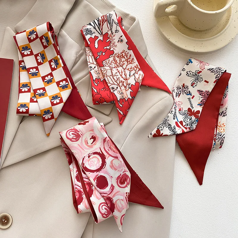 New Year-themed narrow long scarf for women Red hairband with long flowing ribbon Tie-up waist belt Professional neck scarf