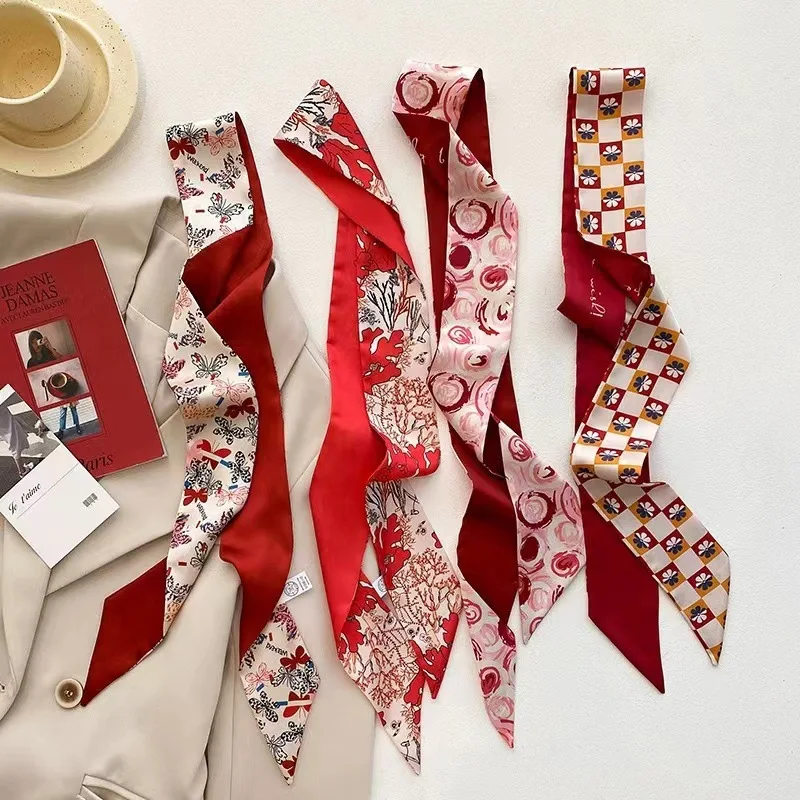 New Year-themed narrow long scarf for women Red hairband with long flowing ribbon Tie-up waist belt Professional neck scarf