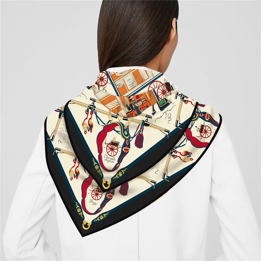 90cm Twill Silk Scarf Shawl Luxury Brand Horse Carriage Chain Square Scarf Women Hijabs Bandana Foulard Neckerchief Head Scarves