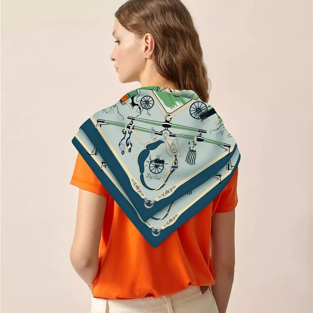 90cm Twill Silk Scarf Shawl Luxury Brand Horse Carriage Chain Square Scarf Women Hijabs Bandana Foulard Neckerchief Head Scarves
