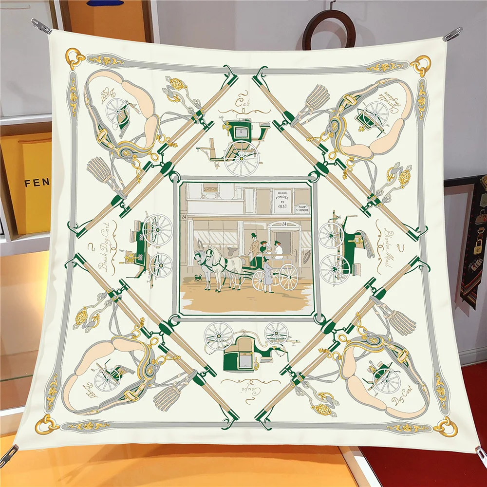 90cm Twill Silk Scarf Shawl Luxury Brand Horse Carriage Chain Square Scarf Women Hijabs Bandana Foulard Neckerchief Head Scarves