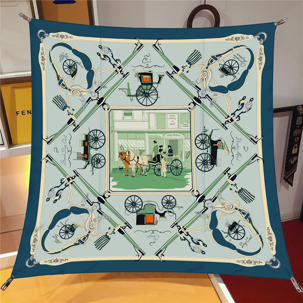 90cm Twill Silk Scarf Shawl Luxury Brand Horse Carriage Chain Square Scarf Women Hijabs Bandana Foulard Neckerchief Head Scarves
