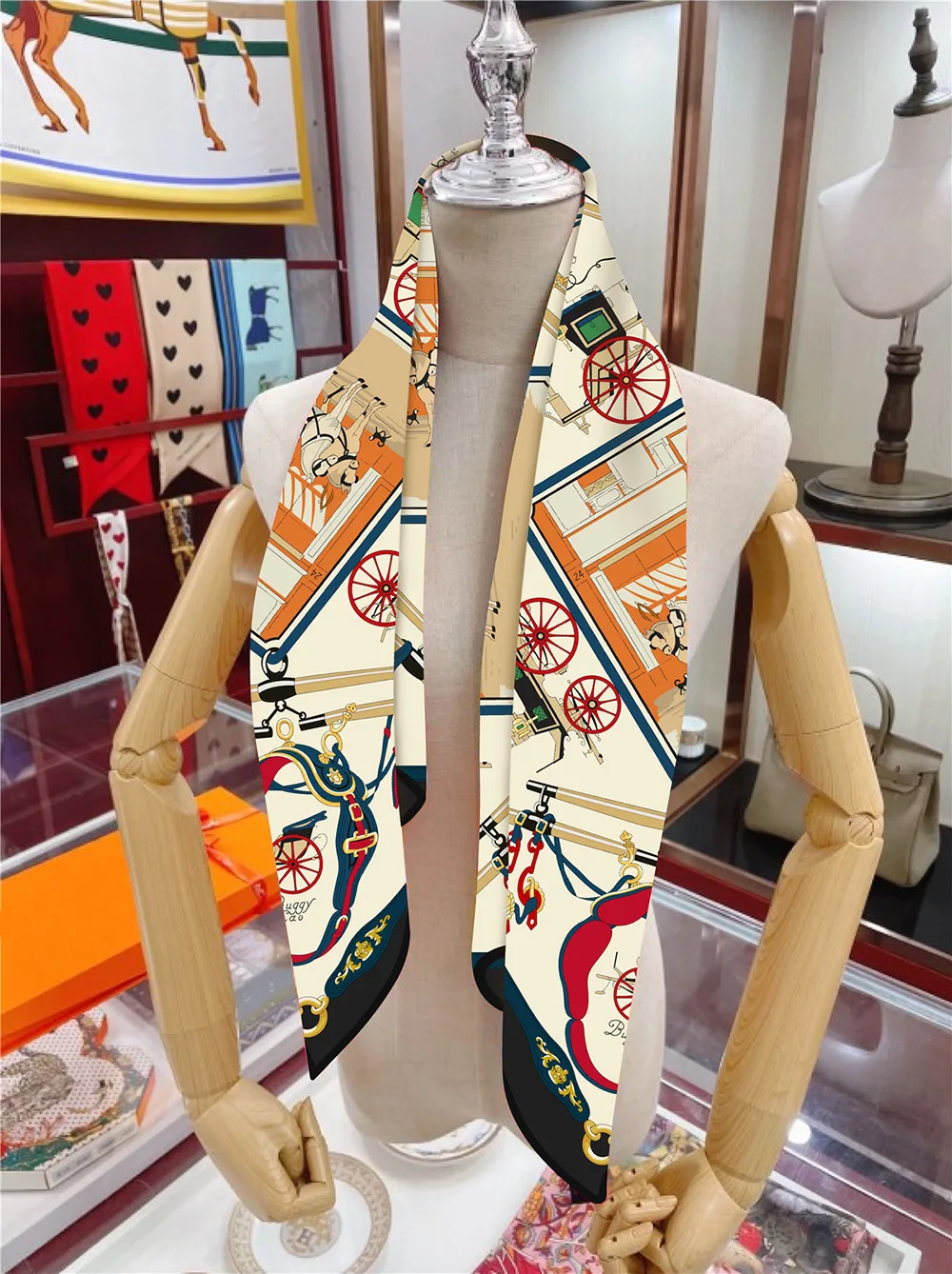 90cm Twill Silk Scarf Shawl Luxury Brand Horse Carriage Chain Square Scarf Women Hijabs Bandana Foulard Neckerchief Head Scarves