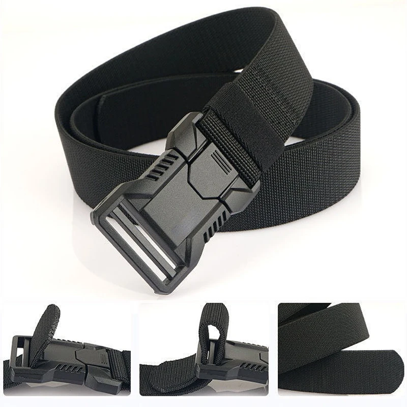 Automatic Plastic Buckle Tactical Belt Men's Multifunction Military Fan Canvas Belt Outdoor Faux Nylon Training Waist Belt Pants