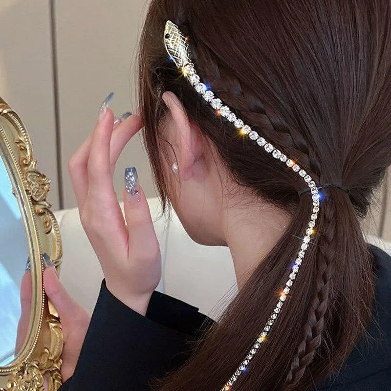 1Pc New Snake Shaped Rhinestone Tassel Hair Clip Temperament Side Ponytail Braided Hair DuckbillClip Party Personalized Headwear