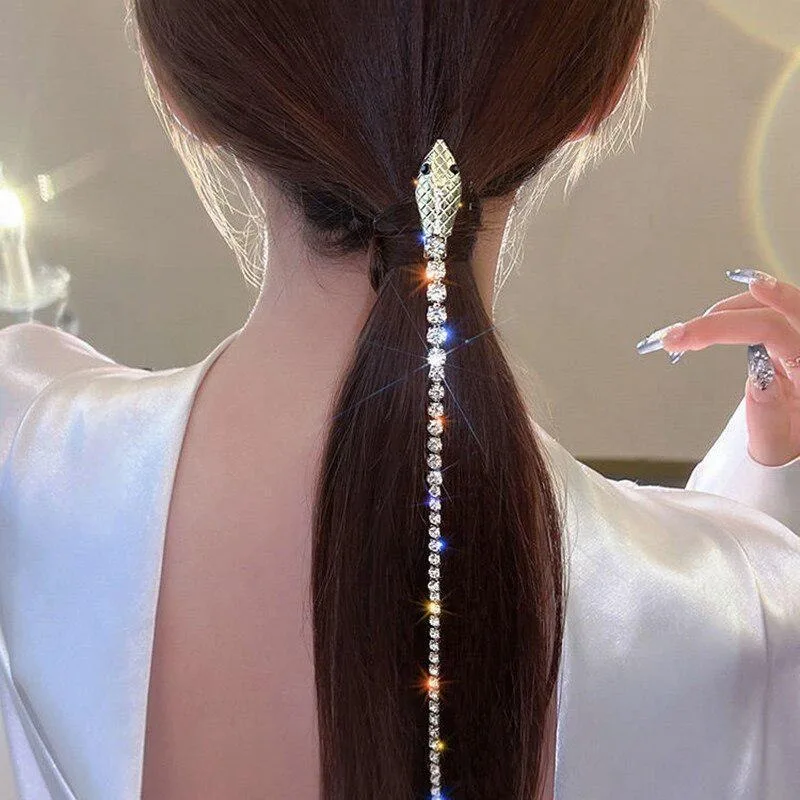 1Pc New Snake Shaped Rhinestone Tassel Hair Clip Temperament Side Ponytail Braided Hair DuckbillClip Party Personalized Headwear