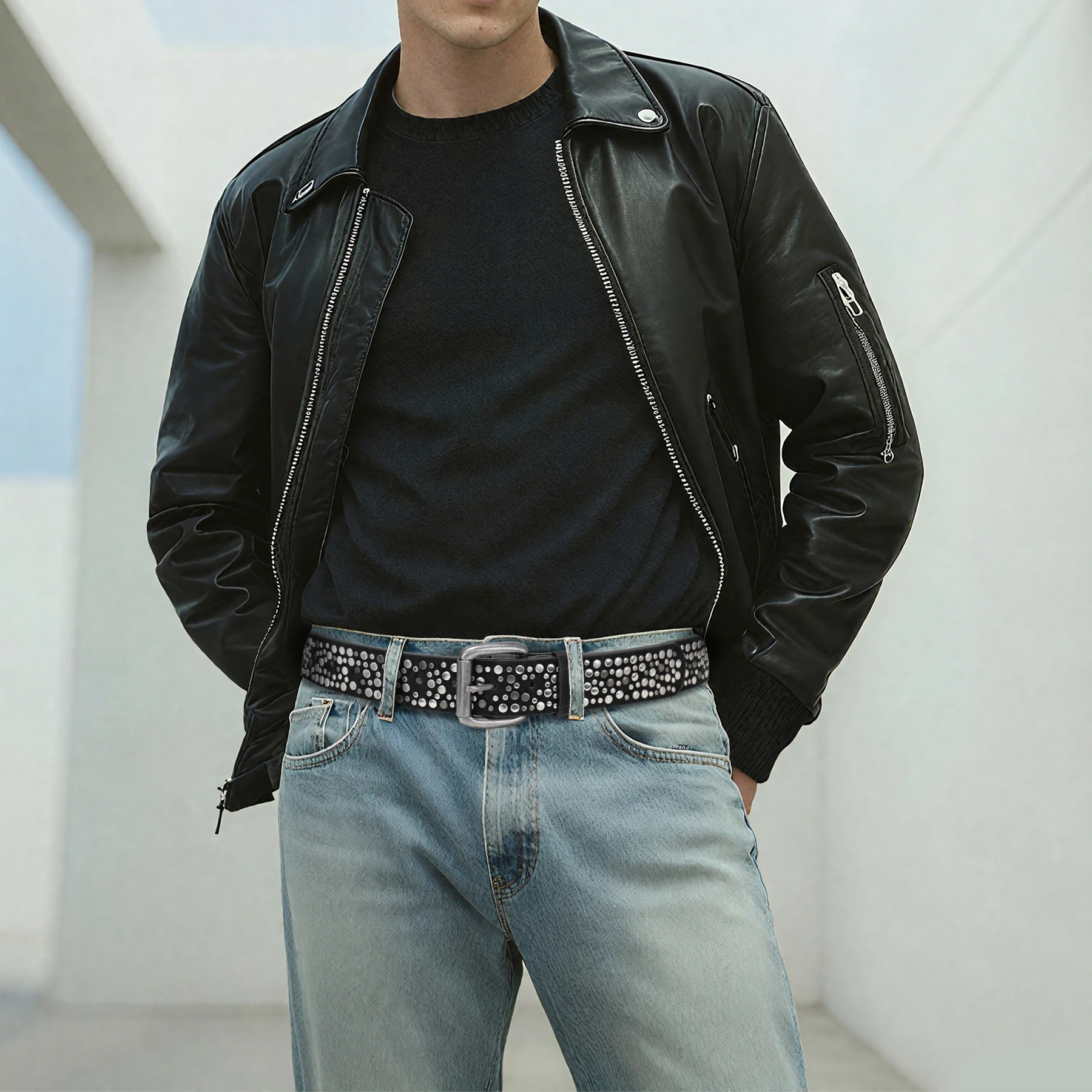 Rivet Punk Belt for Men and Women, Western Studded Belt for Jeans Pants, Faux Leather Cowgirl Cowboy Y2K Belt