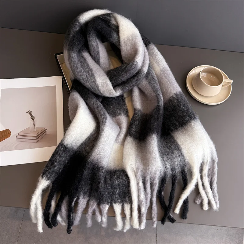 Winter Warm Thick Scarf Women Mohair Plaid Soft Tassel Shawl Wrap Pashmina Checkered Large Neck Blanket Scarf