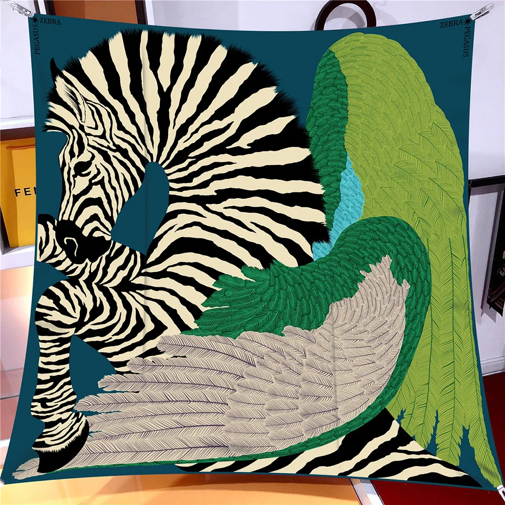 Twill Silk Scarf Shawl Luxury Horse Pegasus Feather Print Square Scarf Women Hijabs Bandana Foulard Neckerchief Head Scarves