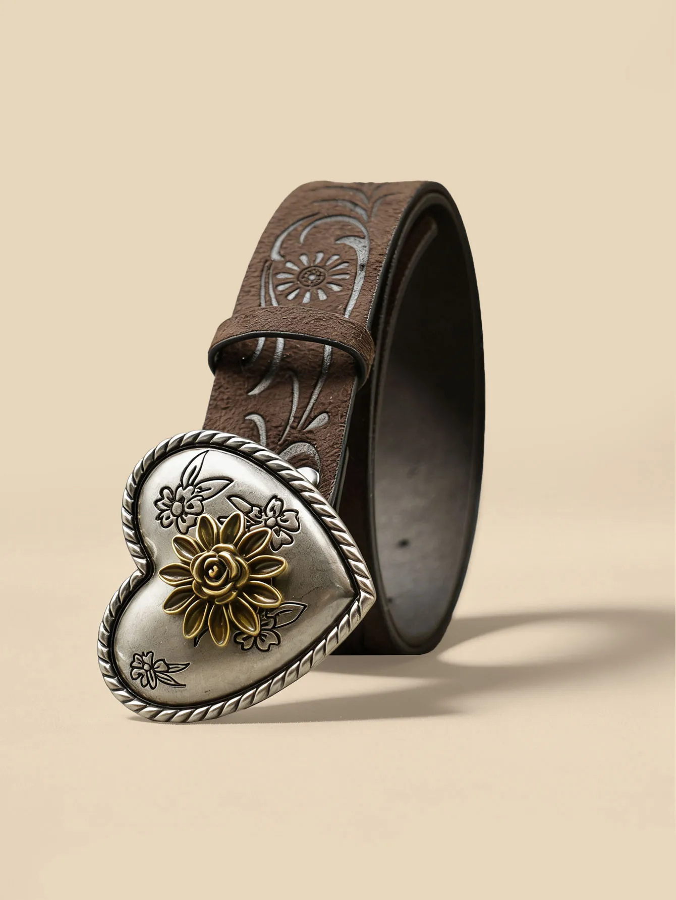 Heart Flower Metal Buckle Belt Brown Embossed Women's Retro Waistband Fashion Decorative Belt