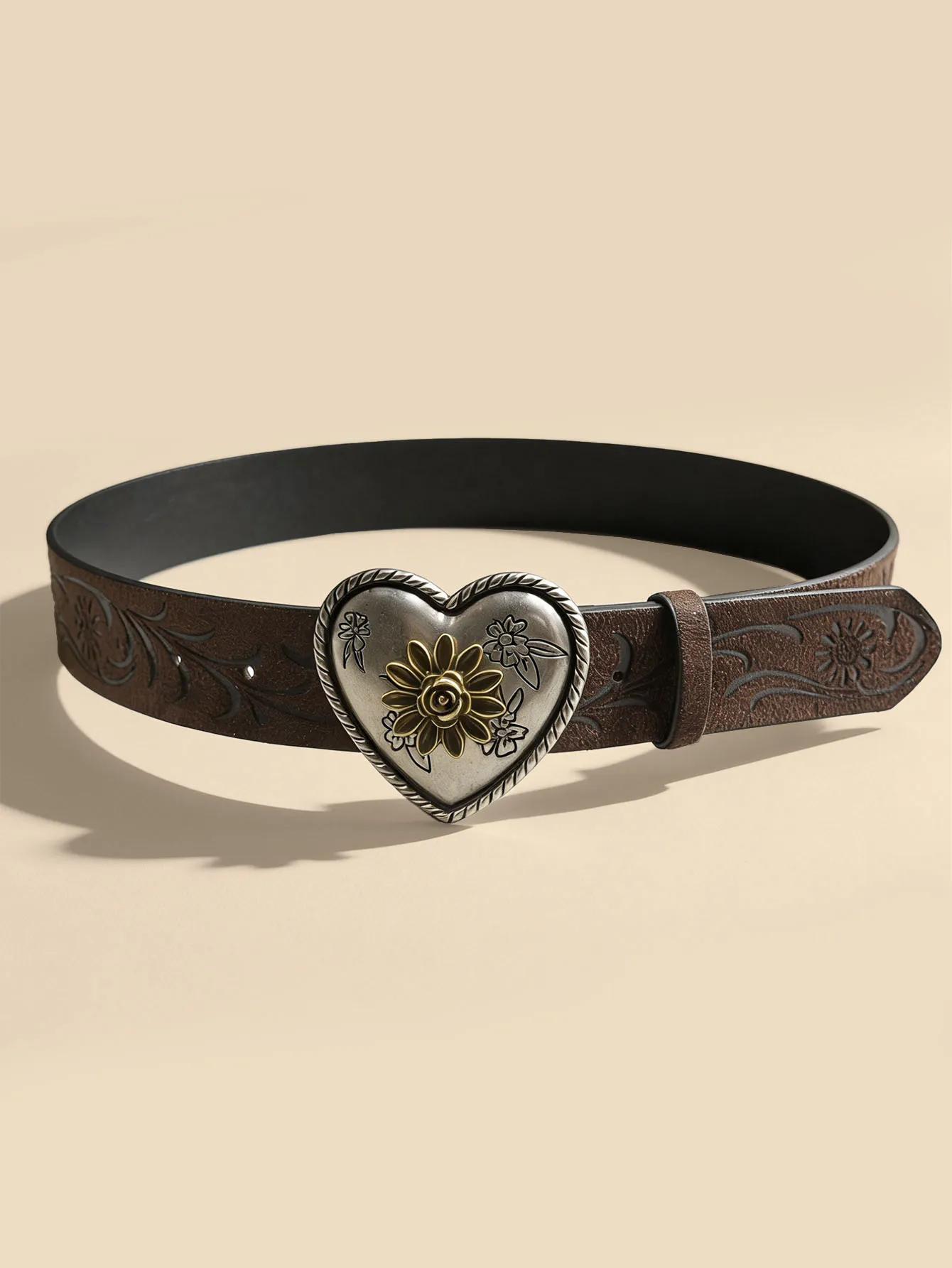 Heart Flower Metal Buckle Belt Brown Embossed Women's Retro Waistband Fashion Decorative Belt