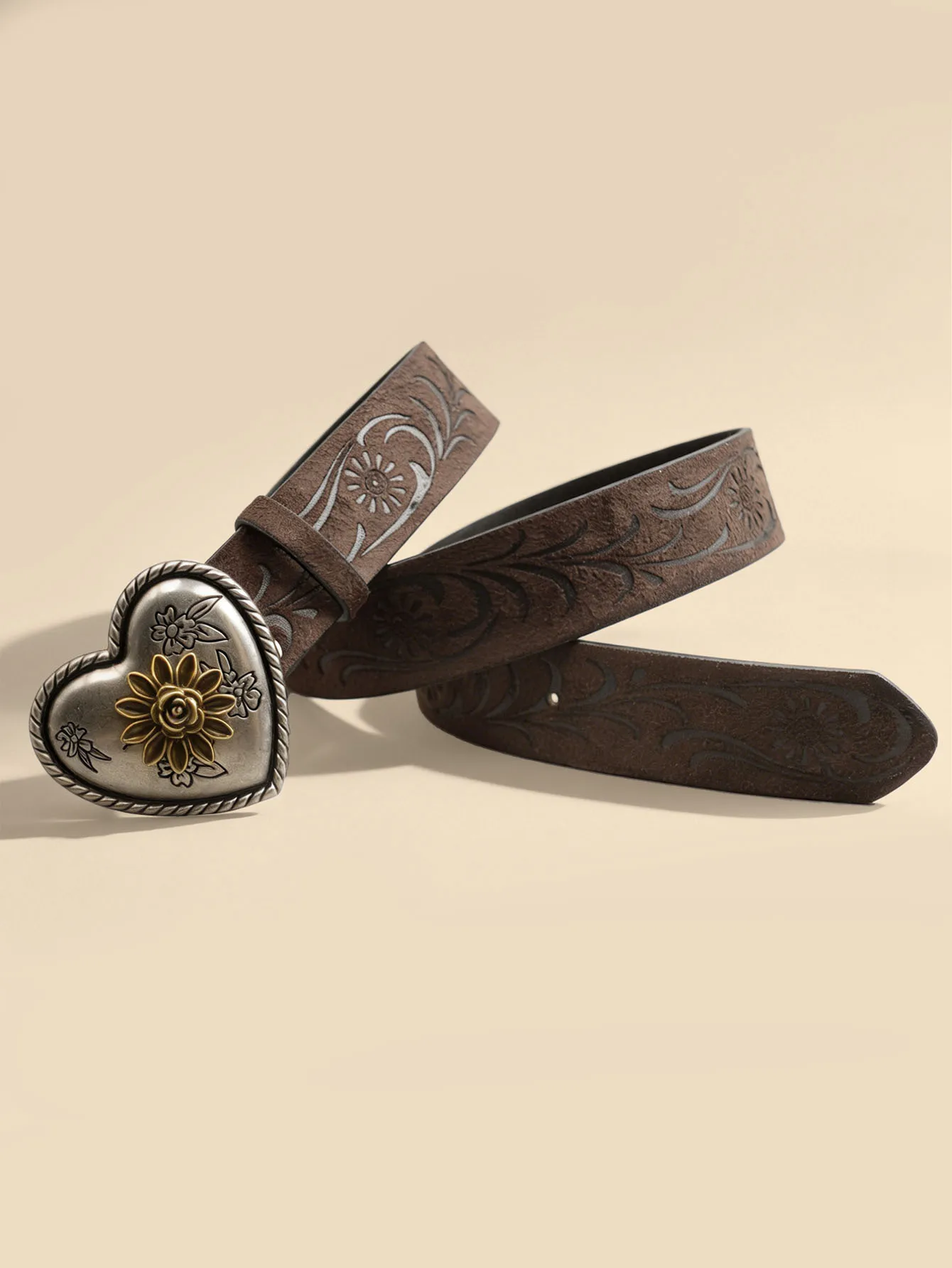 Heart Flower Metal Buckle Belt Brown Embossed Women's Retro Waistband Fashion Decorative Belt