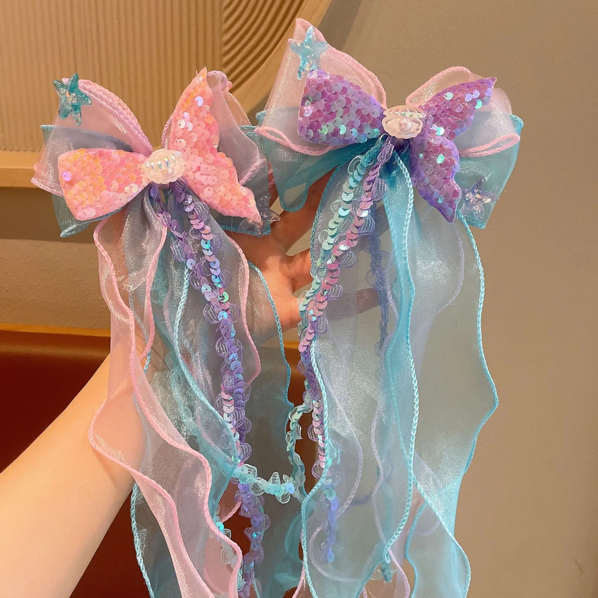 1Pair Dreamy Mermaid Fairy Bow Strap Hair Clip Fairy Air Mesh Side Clip Children's Princess Hair Accessories Daily/Party Style