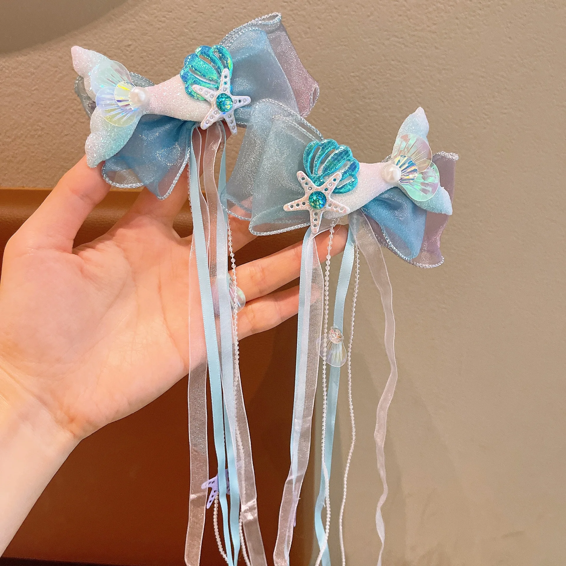 1Pair Dreamy Mermaid Fairy Bow Strap Hair Clip Fairy Air Mesh Side Clip Children's Princess Hair Accessories Daily/Party Style