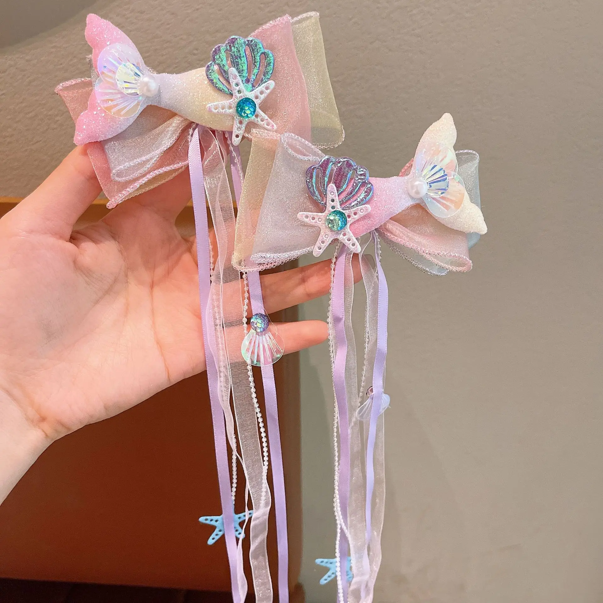 1Pair Dreamy Mermaid Fairy Bow Strap Hair Clip Fairy Air Mesh Side Clip Children's Princess Hair Accessories Daily/Party Style