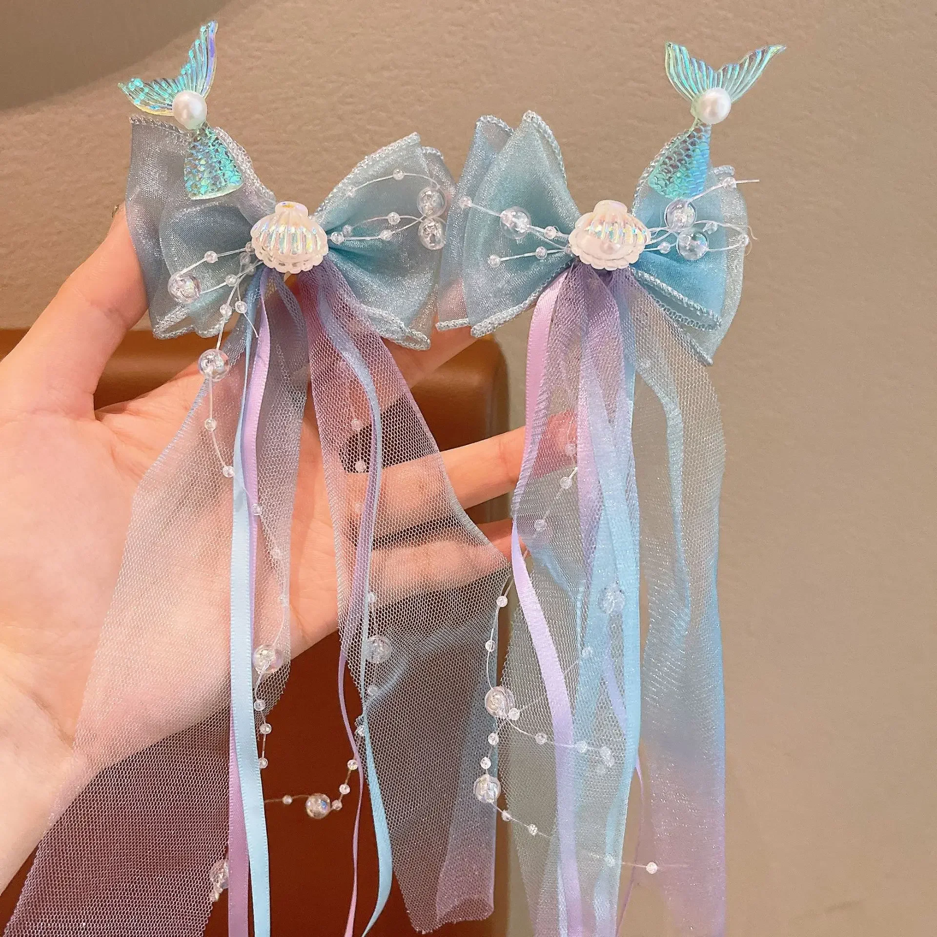 1Pair Dreamy Mermaid Fairy Bow Strap Hair Clip Fairy Air Mesh Side Clip Children's Princess Hair Accessories Daily/Party Style