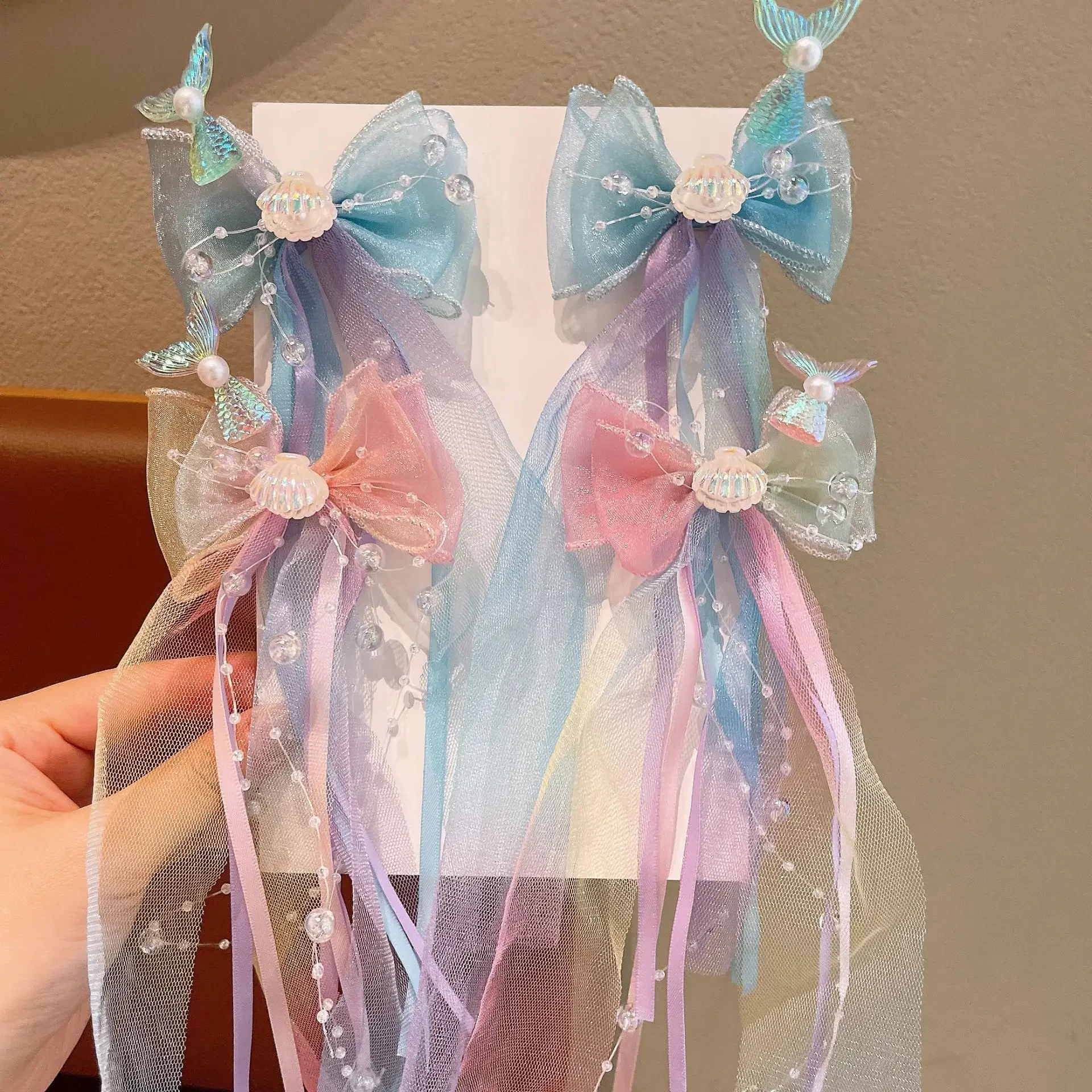 1Pair Dreamy Mermaid Fairy Bow Strap Hair Clip Fairy Air Mesh Side Clip Children's Princess Hair Accessories Daily/Party Style