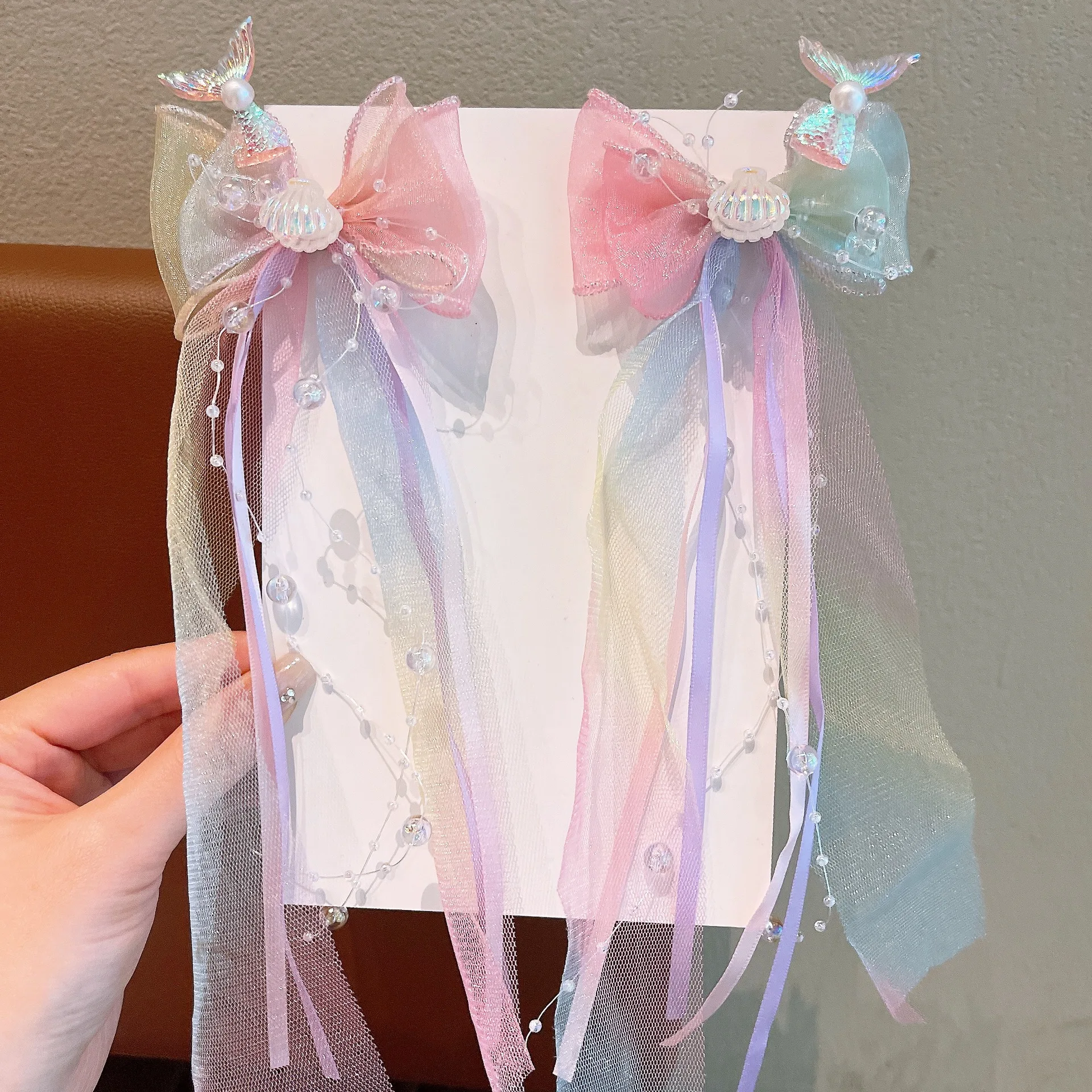 1Pair Dreamy Mermaid Fairy Bow Strap Hair Clip Fairy Air Mesh Side Clip Children's Princess Hair Accessories Daily/Party Style
