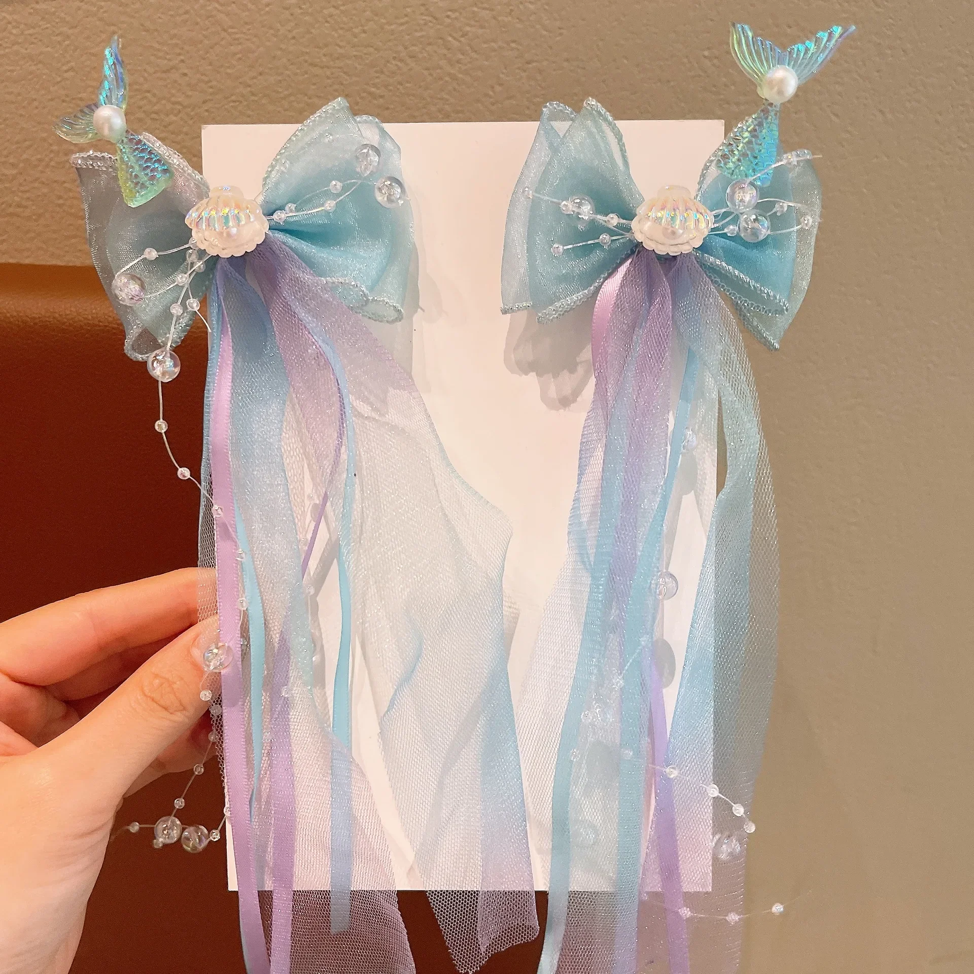 1Pair Dreamy Mermaid Fairy Bow Strap Hair Clip Fairy Air Mesh Side Clip Children's Princess Hair Accessories Daily/Party Style