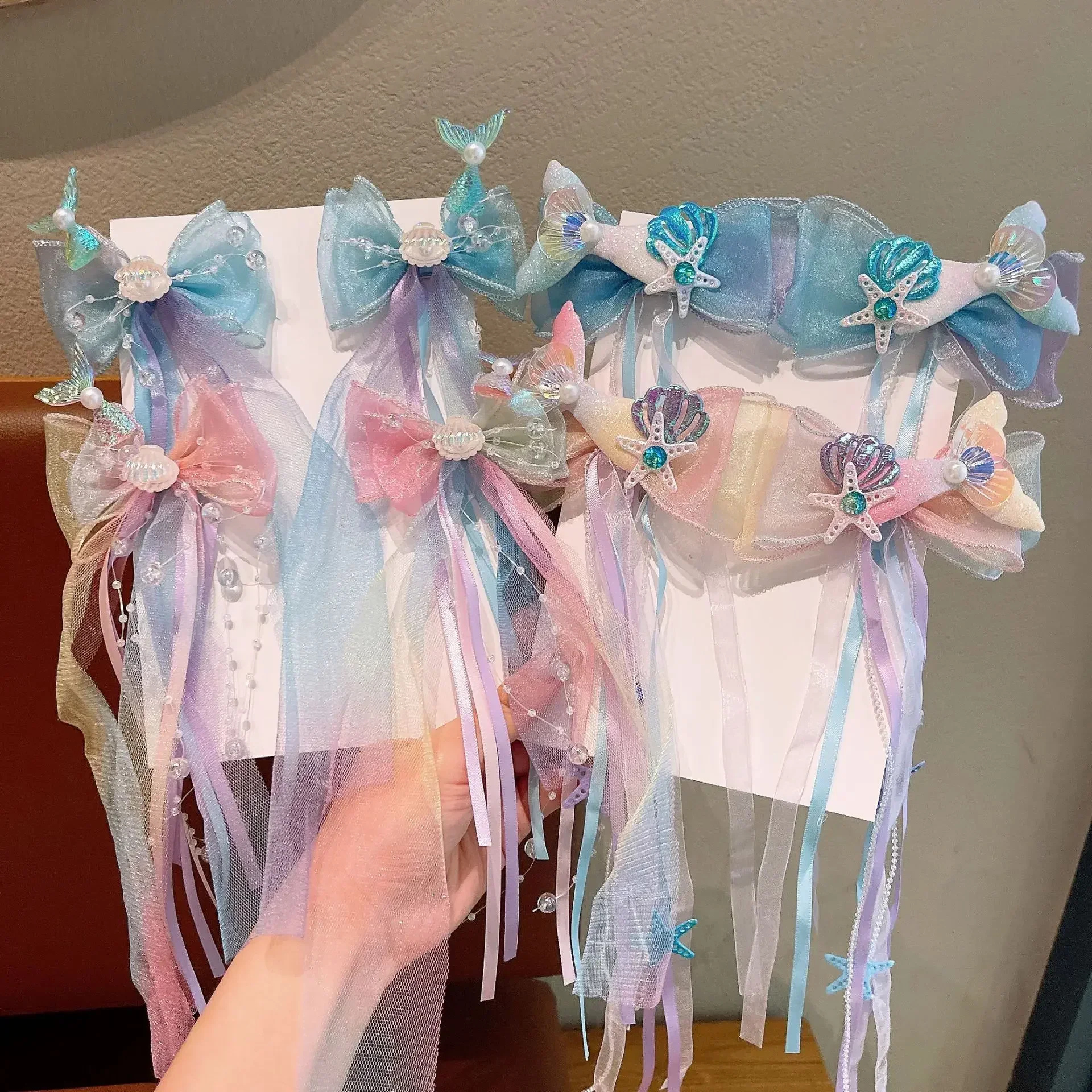 1Pair Dreamy Mermaid Fairy Bow Strap Hair Clip Fairy Air Mesh Side Clip Children's Princess Hair Accessories Daily/Party Style
