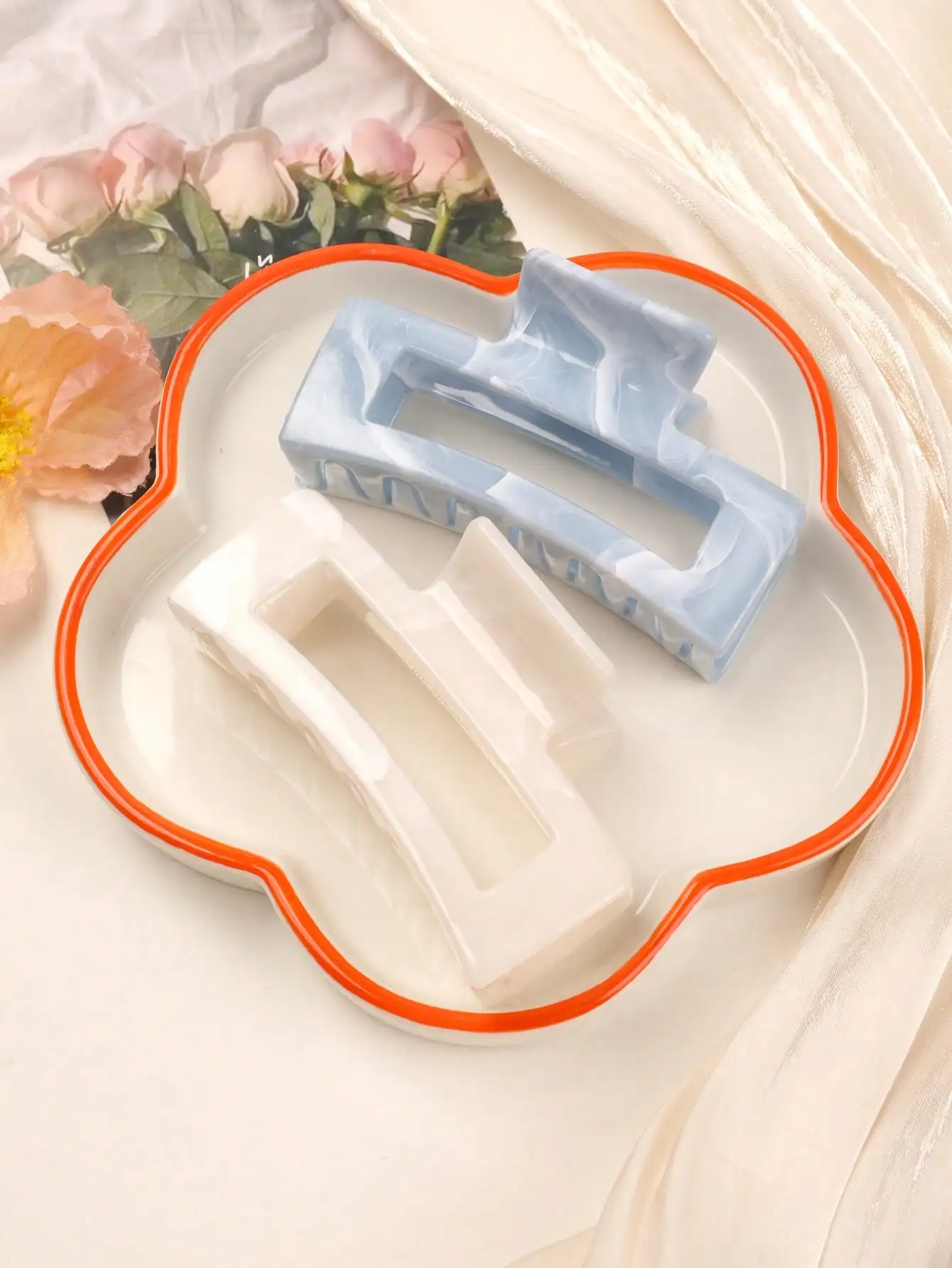 2 Pcs Large Marble Hair Claw Clips for Women Thick Hair White Banana Hair Clips Ripple Jaw Clips Strong Hold Hair Accessories