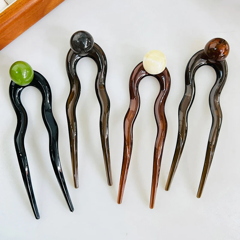 Women Twist Hair Clip for Girls Fashion Plastic Acrylic Bead Hair Sticks U-Shaped Hairpin Geometric Female Lady Hair Accessories