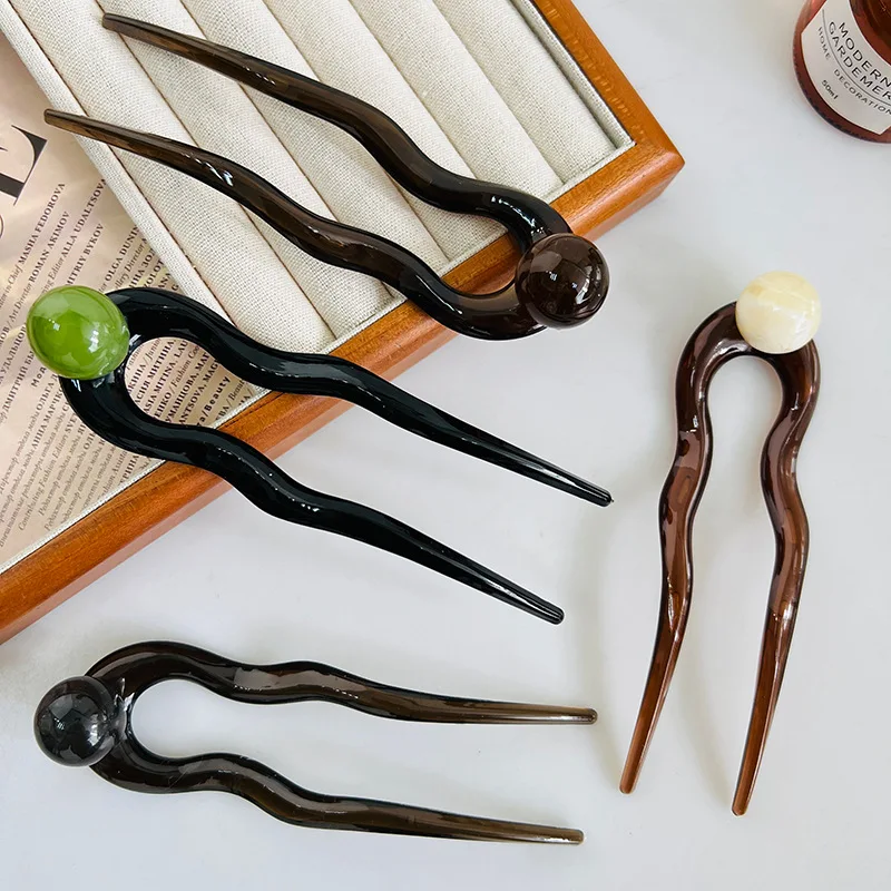 Women Twist Hair Clip for Girls Fashion Plastic Acrylic Bead Hair Sticks U-Shaped Hairpin Geometric Female Lady Hair Accessories