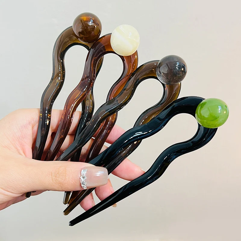 Women Twist Hair Clip for Girls Fashion Plastic Acrylic Bead Hair Sticks U-Shaped Hairpin Geometric Female Lady Hair Accessories