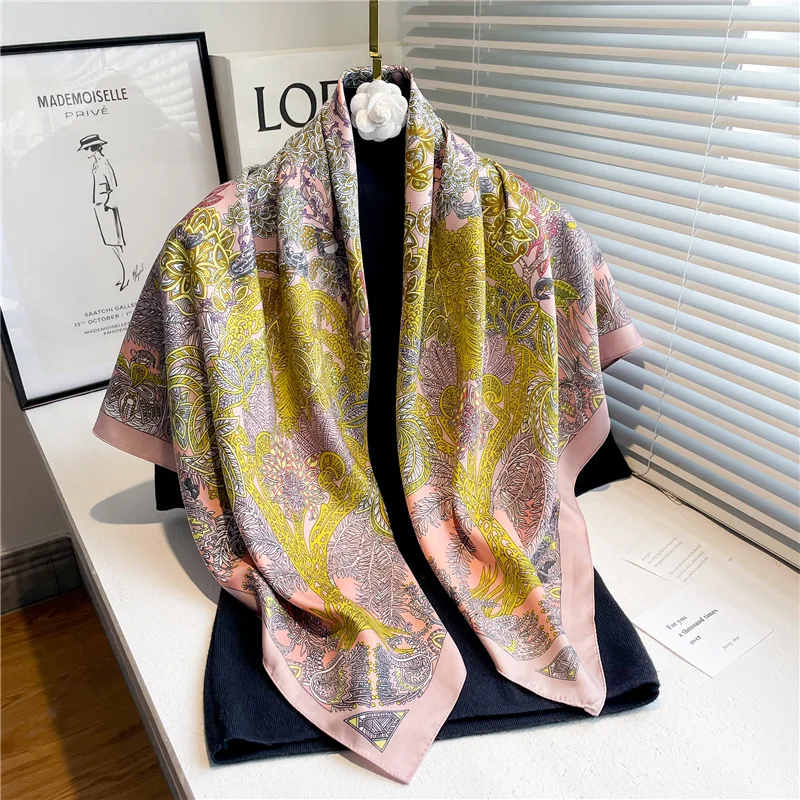 Luxury 90cm Twill Square Scarf For Women Spring Print Hair Band Hijab Foulard Sunsceen Neckerchief Shawl Wraps Echarpe