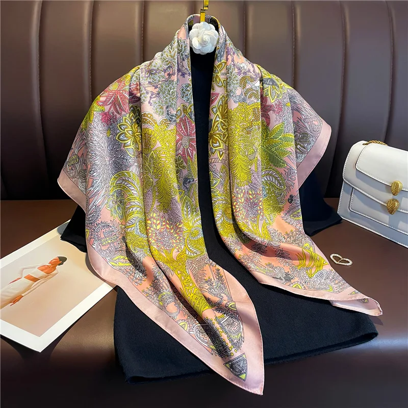 Luxury 90cm Twill Square Scarf For Women Spring Print Hair Band Hijab Foulard Sunsceen Neckerchief Shawl Wraps Echarpe