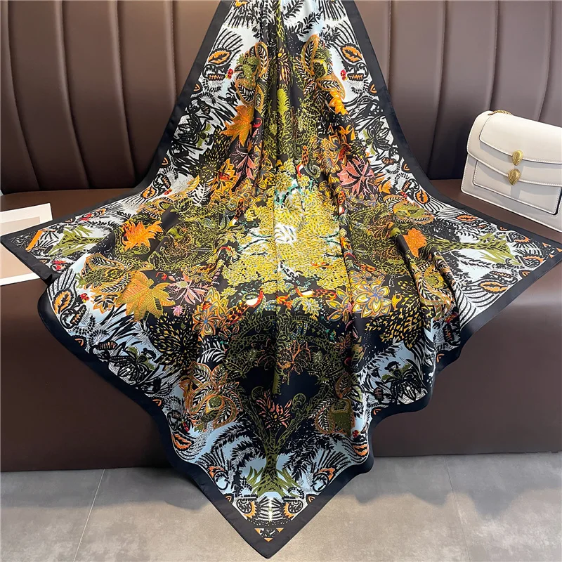 Luxury 90cm Twill Square Scarf For Women Spring Print Hair Band Hijab Foulard Sunsceen Neckerchief Shawl Wraps Echarpe