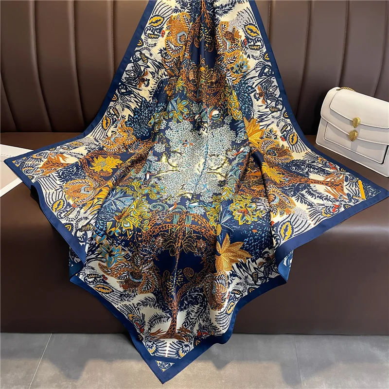 Luxury 90cm Twill Square Scarf For Women Spring Print Hair Band Hijab Foulard Sunsceen Neckerchief Shawl Wraps Echarpe