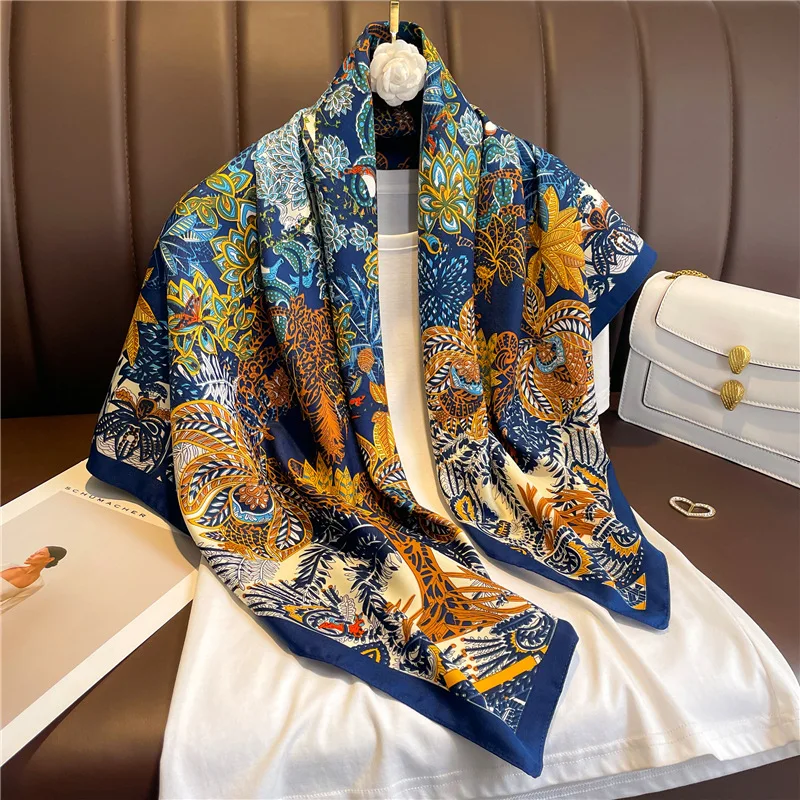 Luxury 90cm Twill Square Scarf For Women Spring Print Hair Band Hijab Foulard Sunsceen Neckerchief Shawl Wraps Echarpe