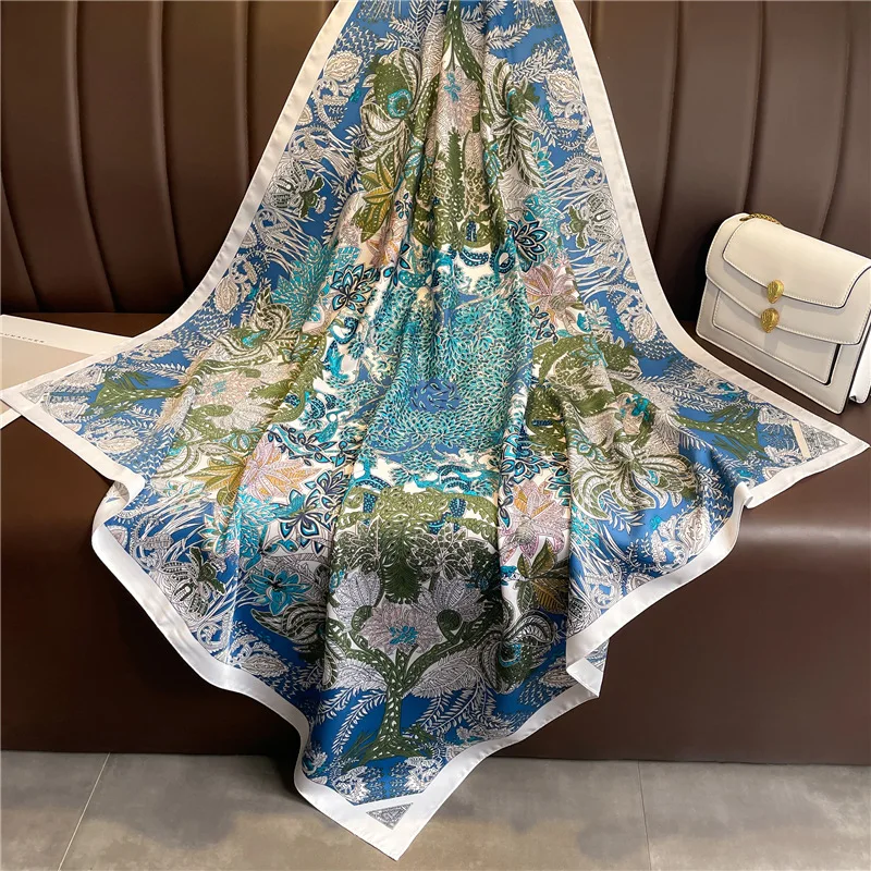 Luxury 90cm Twill Square Scarf For Women Spring Print Hair Band Hijab Foulard Sunsceen Neckerchief Shawl Wraps Echarpe