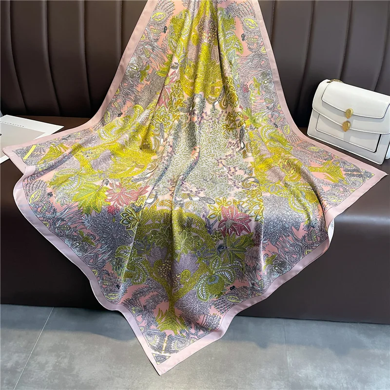 Luxury 90cm Twill Square Scarf For Women Spring Print Hair Band Hijab Foulard Sunsceen Neckerchief Shawl Wraps Echarpe