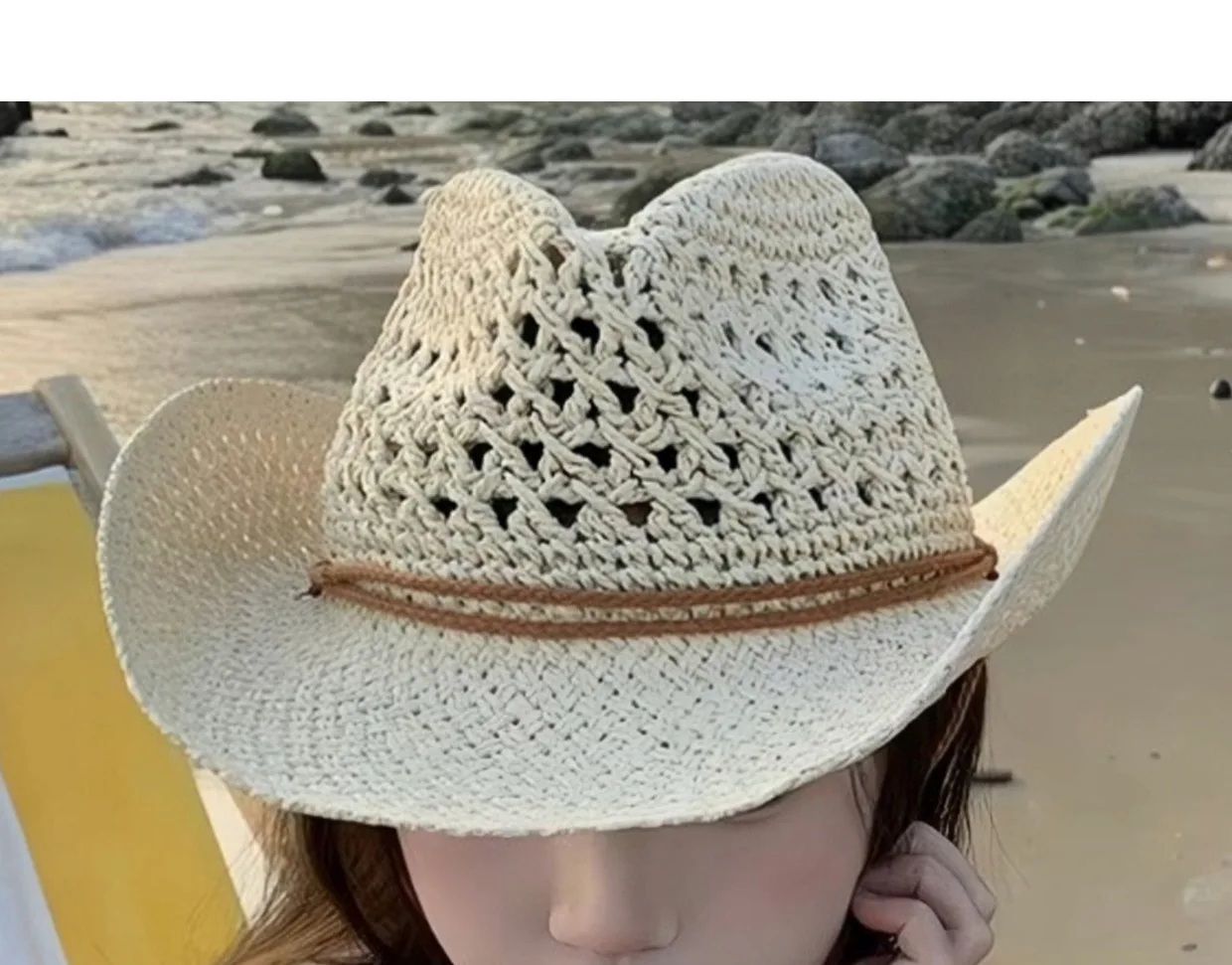 Summer Beach Sunscreen Panama Straw Cap With String Classic Hollow Design Paper Straw Western Cowboy Hats