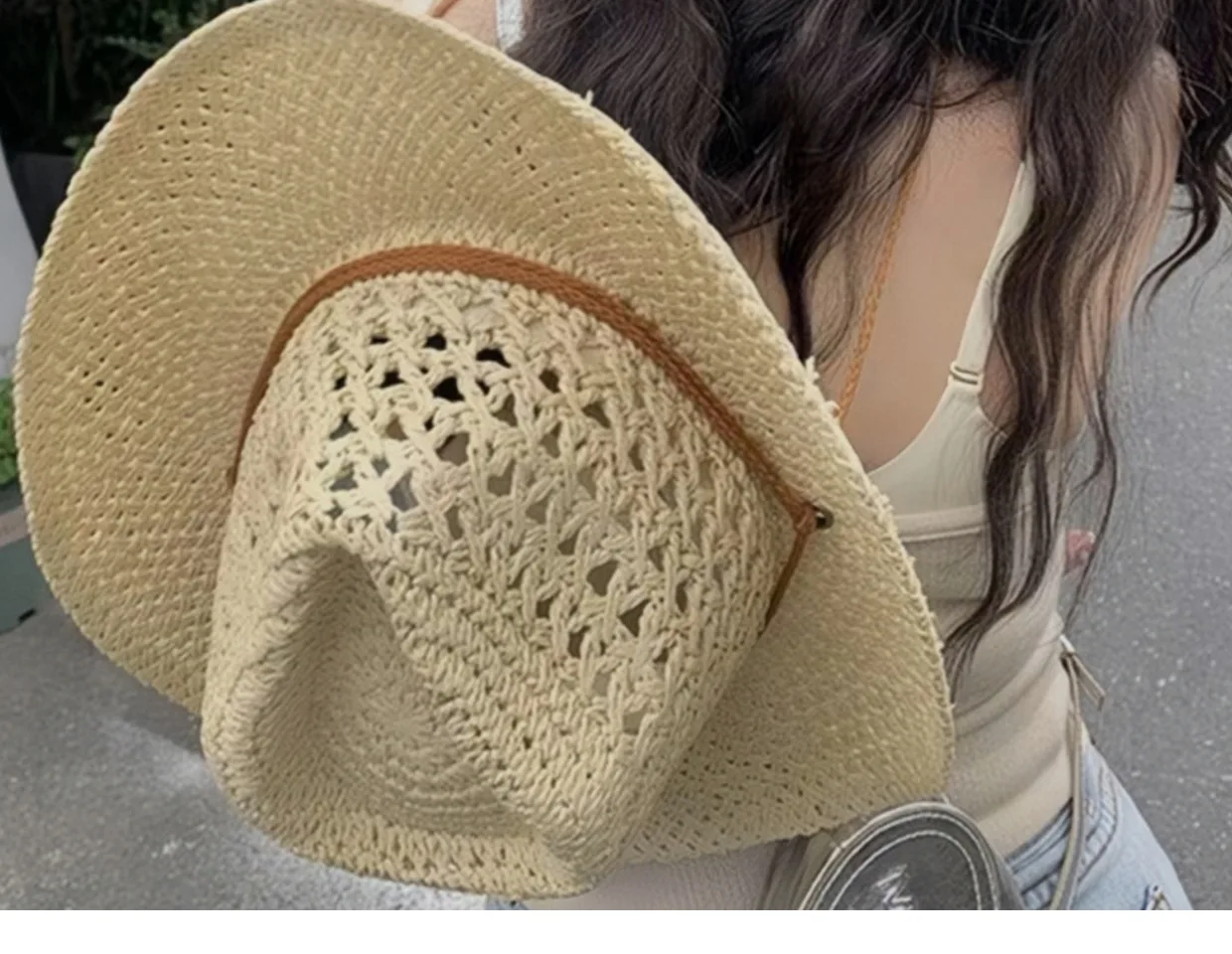 Summer Beach Sunscreen Panama Straw Cap With String Classic Hollow Design Paper Straw Western Cowboy Hats