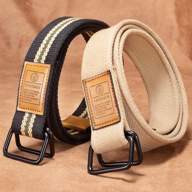 Unisex Canvas Belt for Men and Women, Casual Business Jeans Double-Ring Buckle Belt, Outdoor Woven Waistband