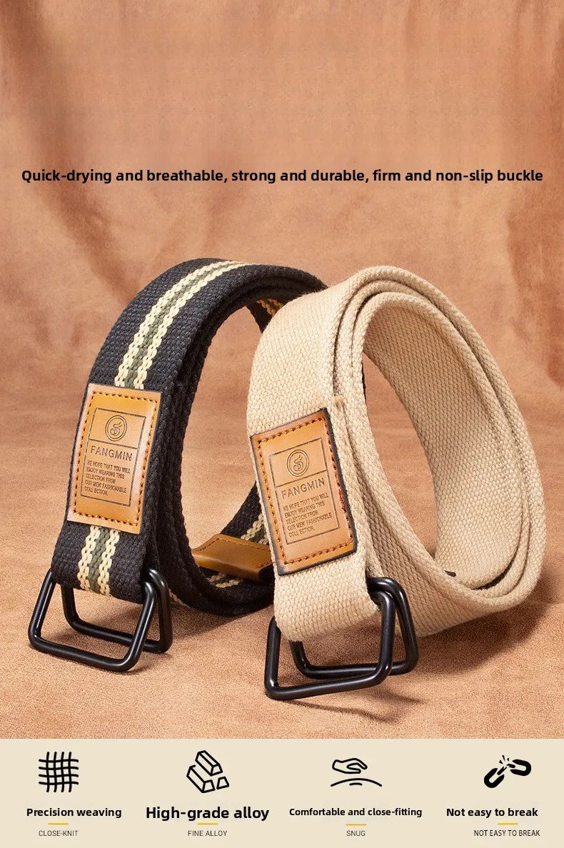 Unisex Canvas Belt for Men and Women, Casual Business Jeans Double-Ring Buckle Belt, Outdoor Woven Waistband